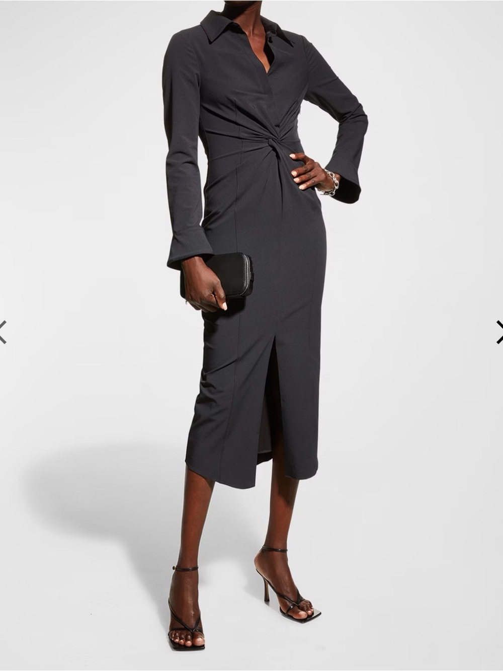 cinq a sept Charcoal Twist-Front Collared Midi Dress